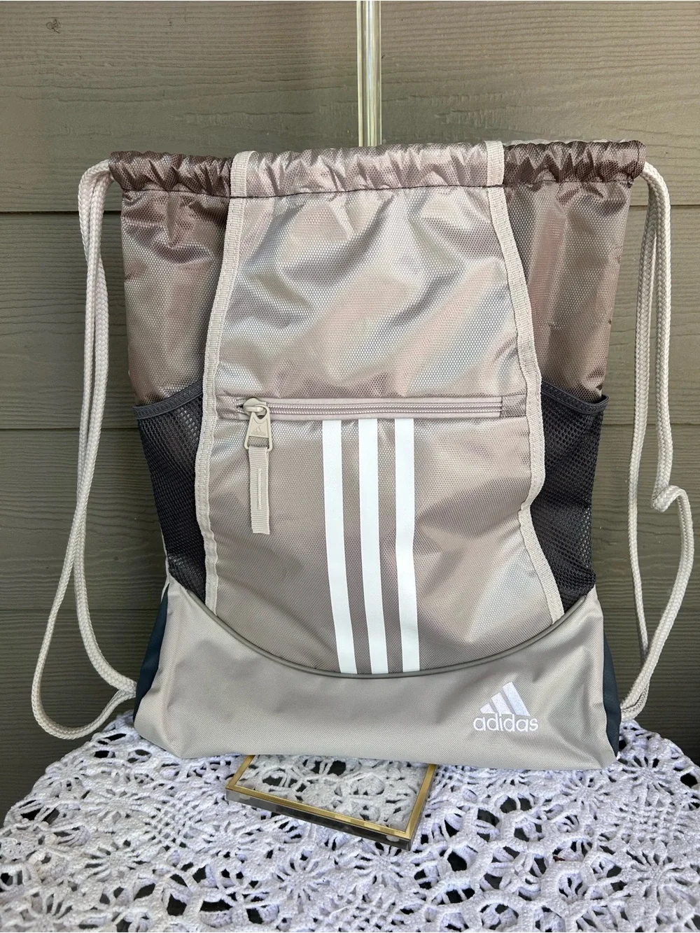 Adidas Grey Drawstring Gym Sack with White Stripes